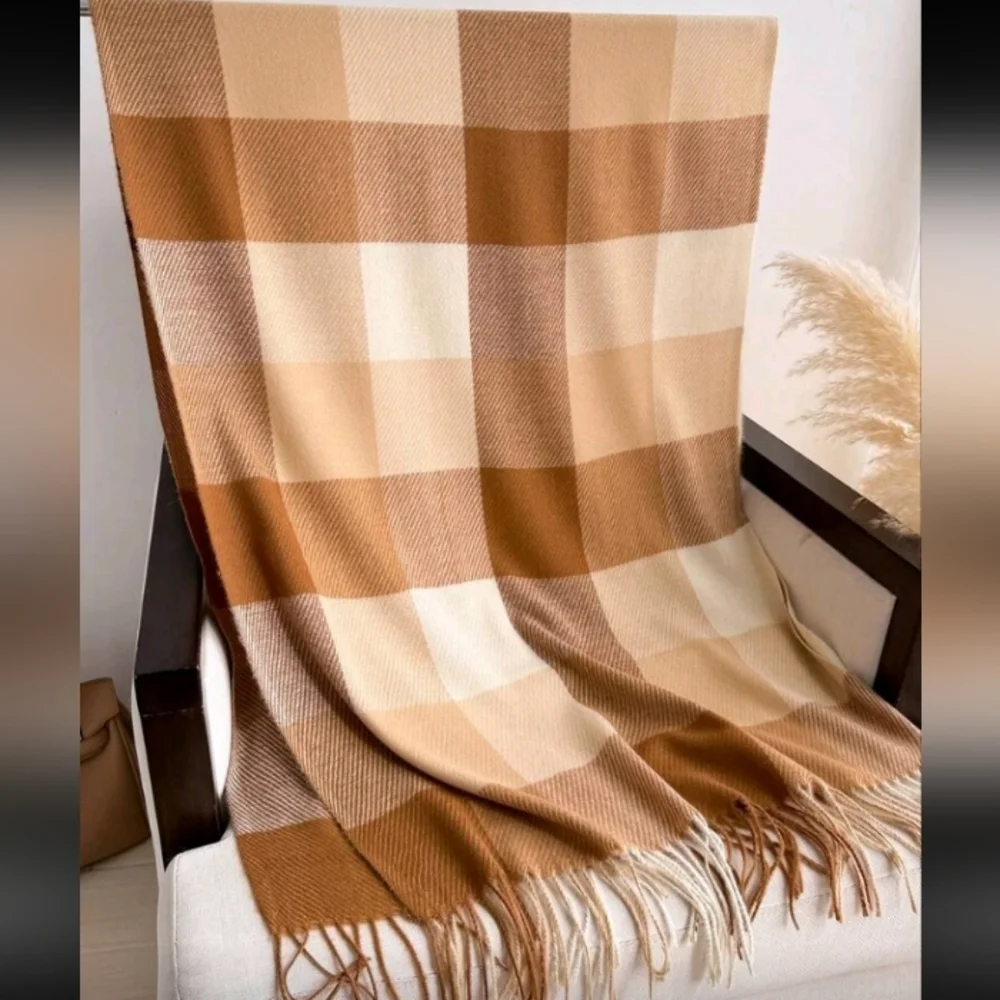 Boho Vegan Cashmere Tan and Cream Plaid Checkered Soft Scarf With Fringes